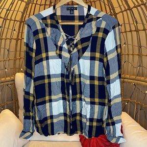 Tribal black  and yellow plaid ruffle blouse size L